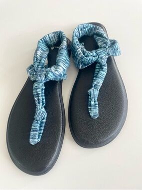 Sanuk Yoga Sling Sandals Blue Teal Pattern Comfort Flip Flops Women’s Size 8